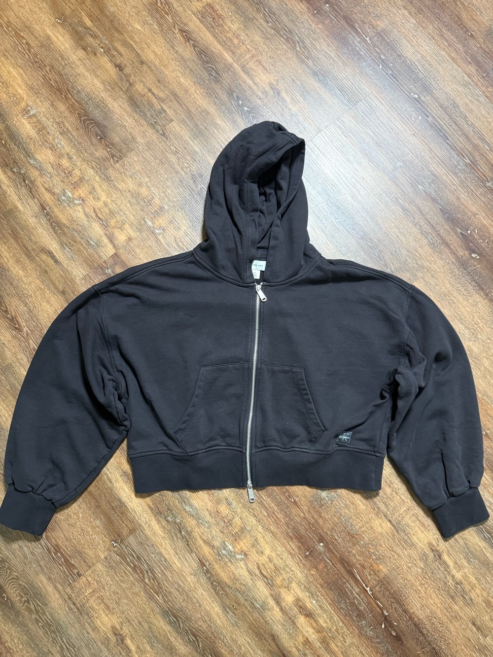 Calvin Klein Jeans | Cropped Zip Hoodie Oversized Sweatshirt | Black | Size L